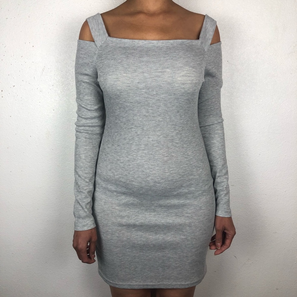GREY OFF SHOULDER LONG SLEEVE T-SHIRT DRESS